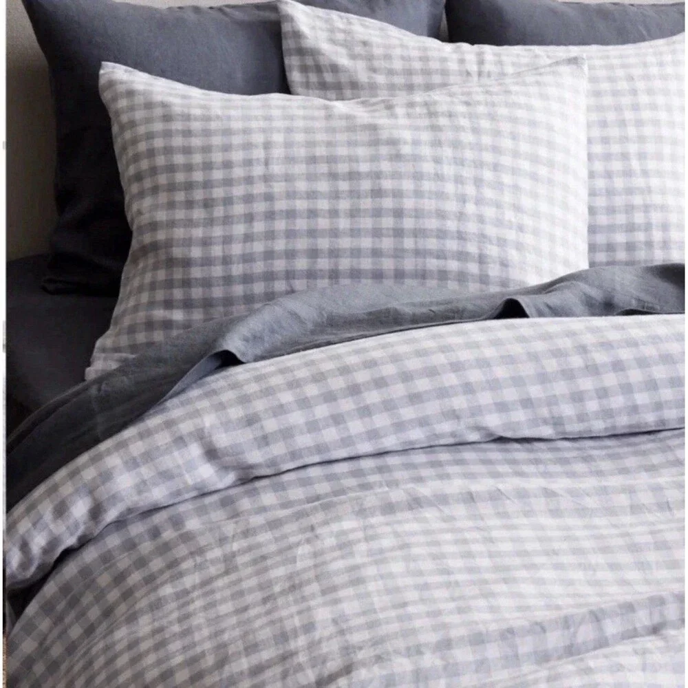 Quince European Linen Gingham Duvet Cover Set Full Queen Blue Fog Discontinued